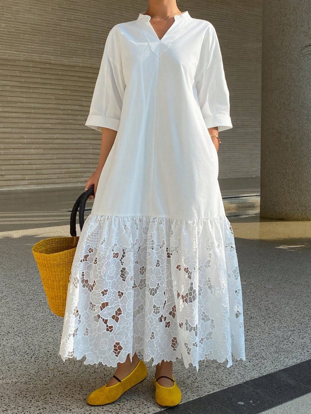 Beige Elegant Casual Women's Lace Patchwork Stand Collar Long Shirt Dress - Picture 4 of 9
